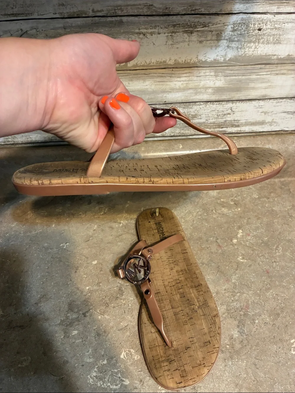 Michael Kors Rose Gold Logo Thong Sandals Jelly and Cork Size 9